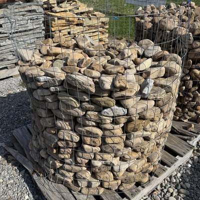 Cobbles in wire basket