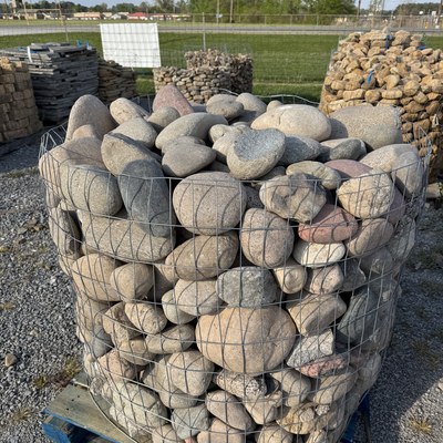 Cobbles in wire basket