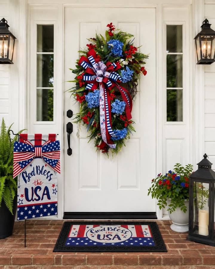 Front porch styled with patriotic wreath, flag and doormat