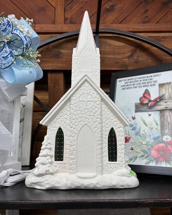 White ceramic lighted church keepsake