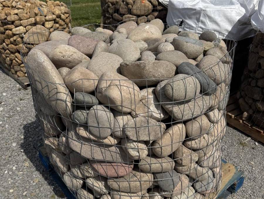 Cobbles in wire basket